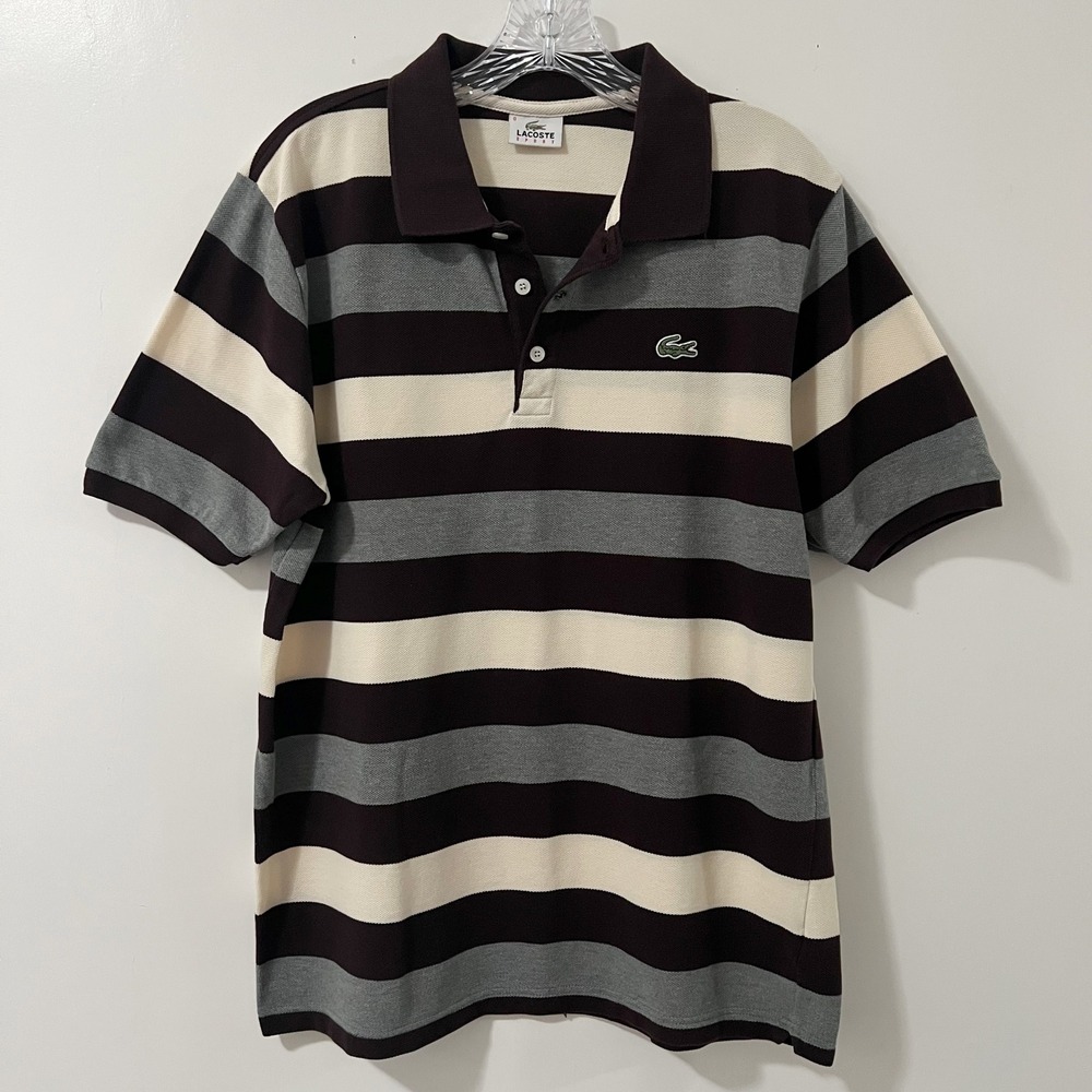 Lacoste Sport Mens Striped Polo Shirt Short Sleeve Burgundy Cream Size Medium